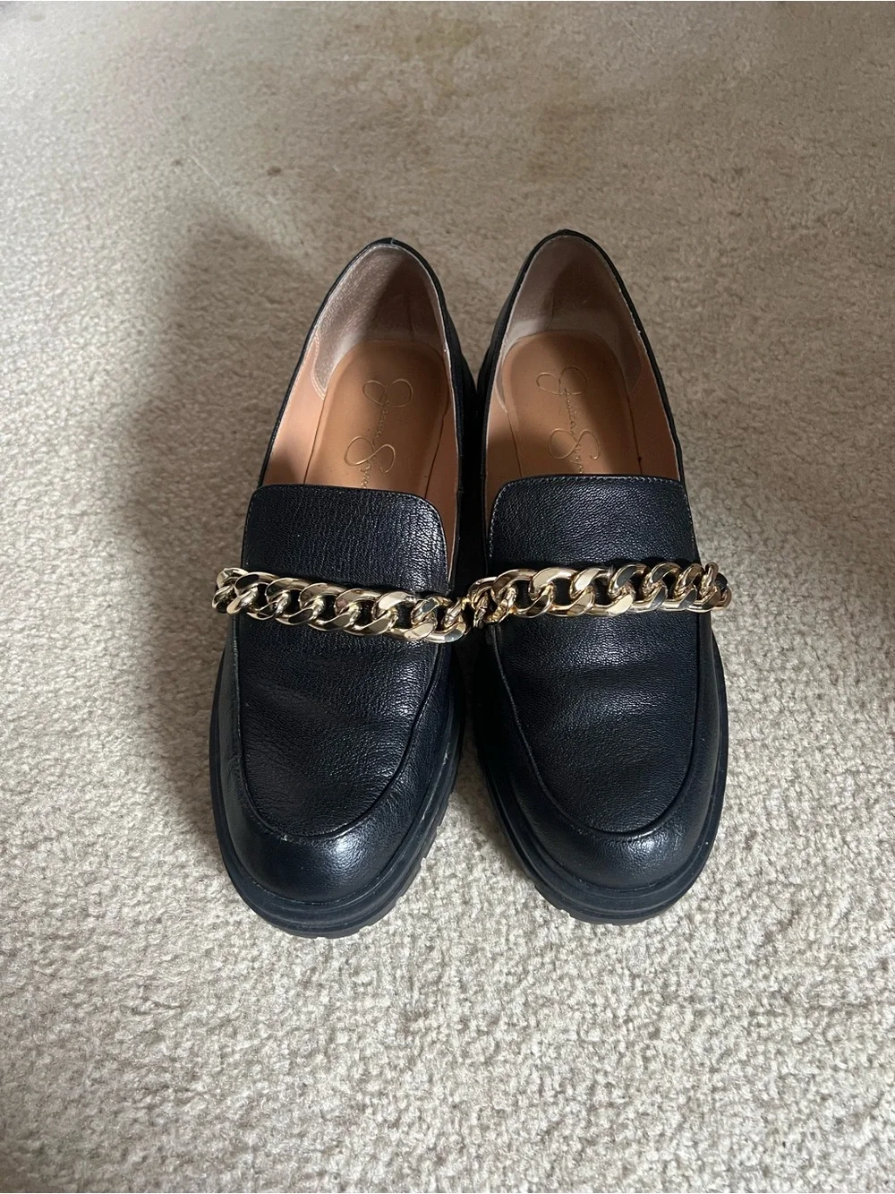 Jessica Simpson Black Leather Loafers with Gold Chain
